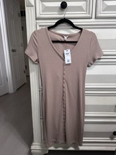 Womens GUESS Raylynn Ribbed Henley Mini Dress NWT Medium Light Rum Tan