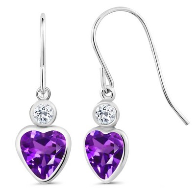 14K White Gold Amethyst and White Topaz French Wire Dangle Hook Earrings For
