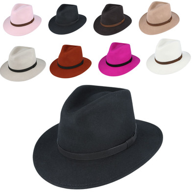 Handgefertigter Cowboy Fedora Hut aus Wolle - knautschbar breite Krempe Fedora mit Lederriemen