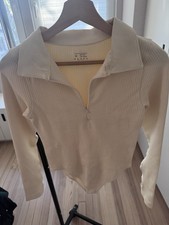 New OQQ Women  s Ribbed Long Sleeve Bodysuit Collared Zip Front Cream Size M