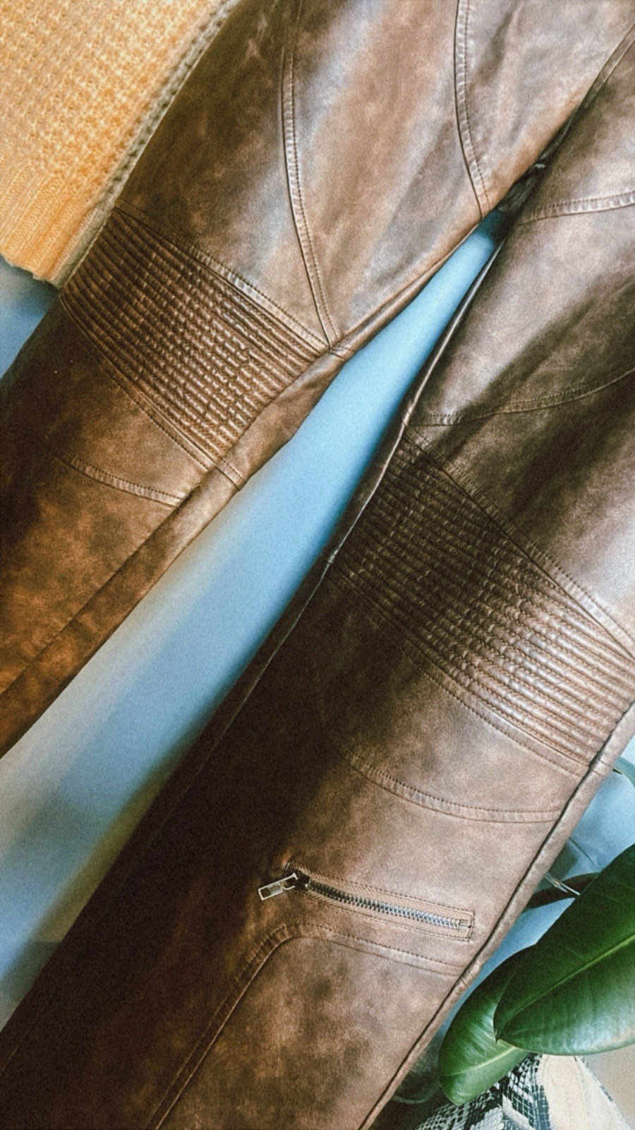 Distressed Brown Faux Leather Moto Pants | Wide Leg | Textured Panel | L image 2