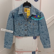 Levis X Peanuts Cropped Trucker Jacket 594430006 Blue All Over Print Womens Sz M