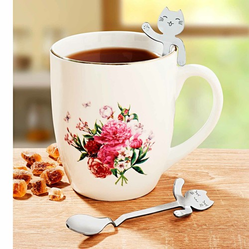 4x Kaffee Löffel Kätzchen Design Teelöffel Katze Kaffeelöffel Edelstahl Poliert - 第 3/3 張圖片