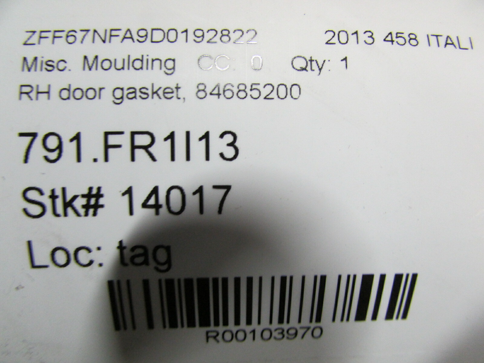 Ferrari 458 Italia, RH, Right Door Gasket, Used, P/N 84685200