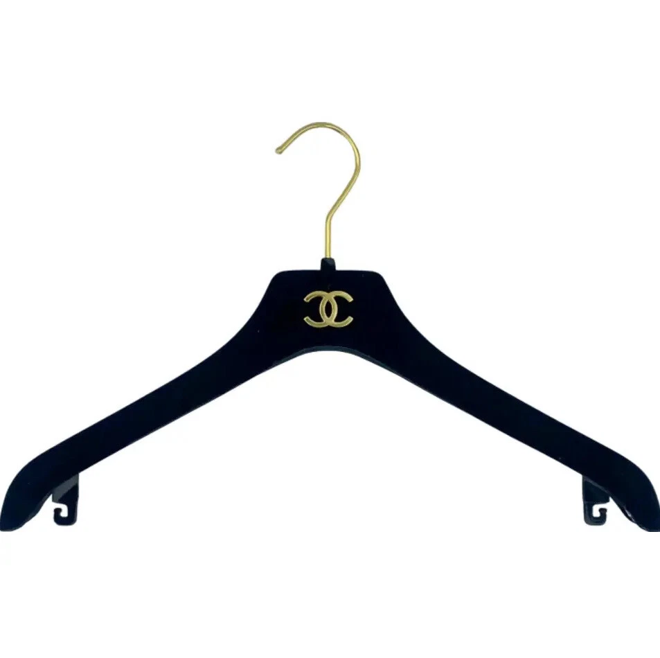 Vintage Chanel Clothing Closet Hanger Black Gold Logo Designer Luxury