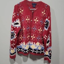 Vintage Y2K Eagles Eye Cardigan Sweater Women XL Unique Statement Geometric Red