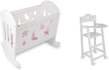 SET OF Dolls White Varnished Rocking Wooden Cradle Cot Bed and Matching High