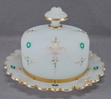 Josephinenhutte Bohemian Jeweled Enameled Gold White Alabaster Glass Cheese Dome