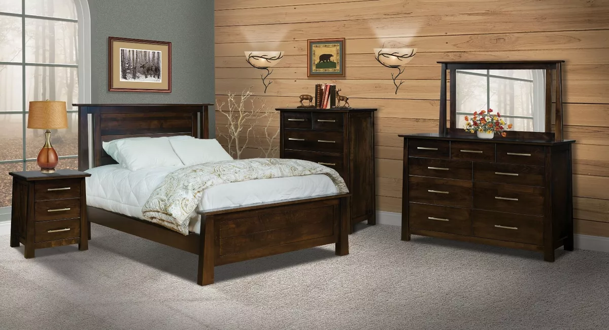 Amish 5 Pc Modern Bedroom Set Solid Wood Angled Cutout Panel Headboard