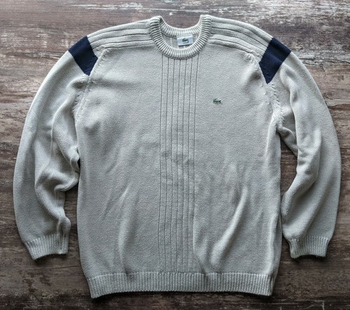 Lacoste Strick Pullover Beige Herren 7 2XL Navy Blau Streifen Schulter Langarm Crew  - Bild 1 von 8