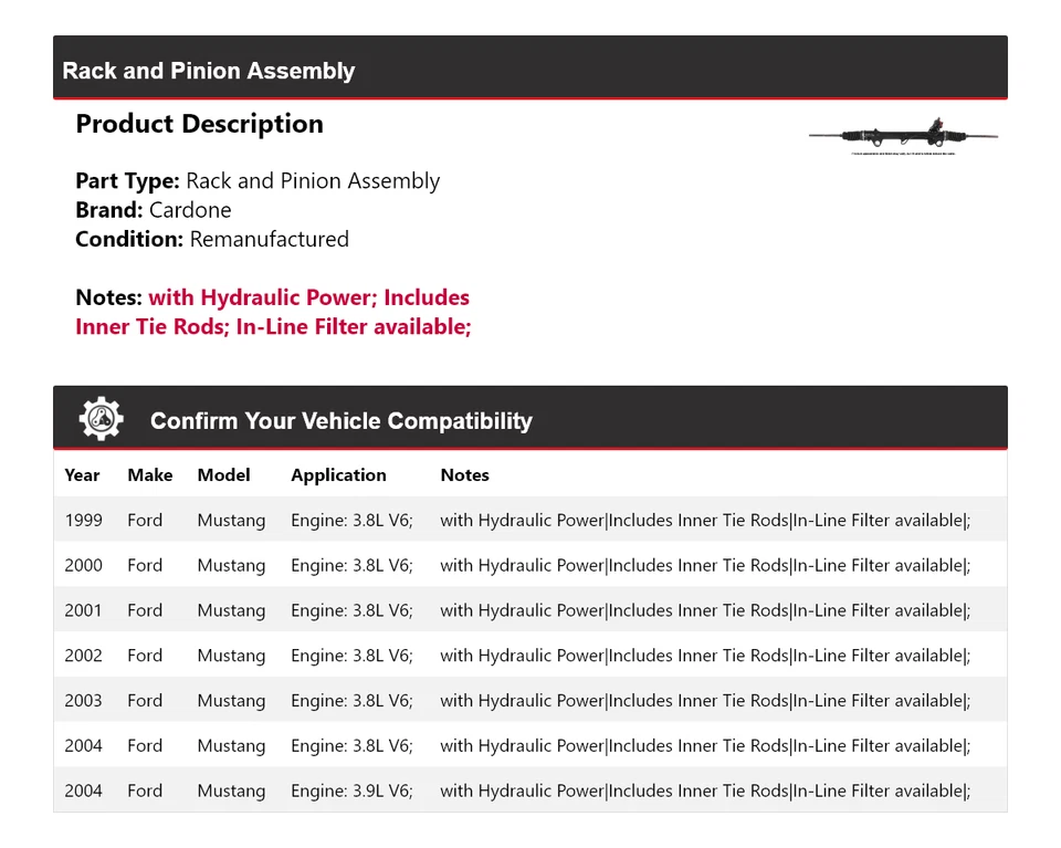 Conjunto de piñón y cremallera para Ford Mustang 1999-2004 Cardone 2000 2001 2002 2003 Foto 2 de 4