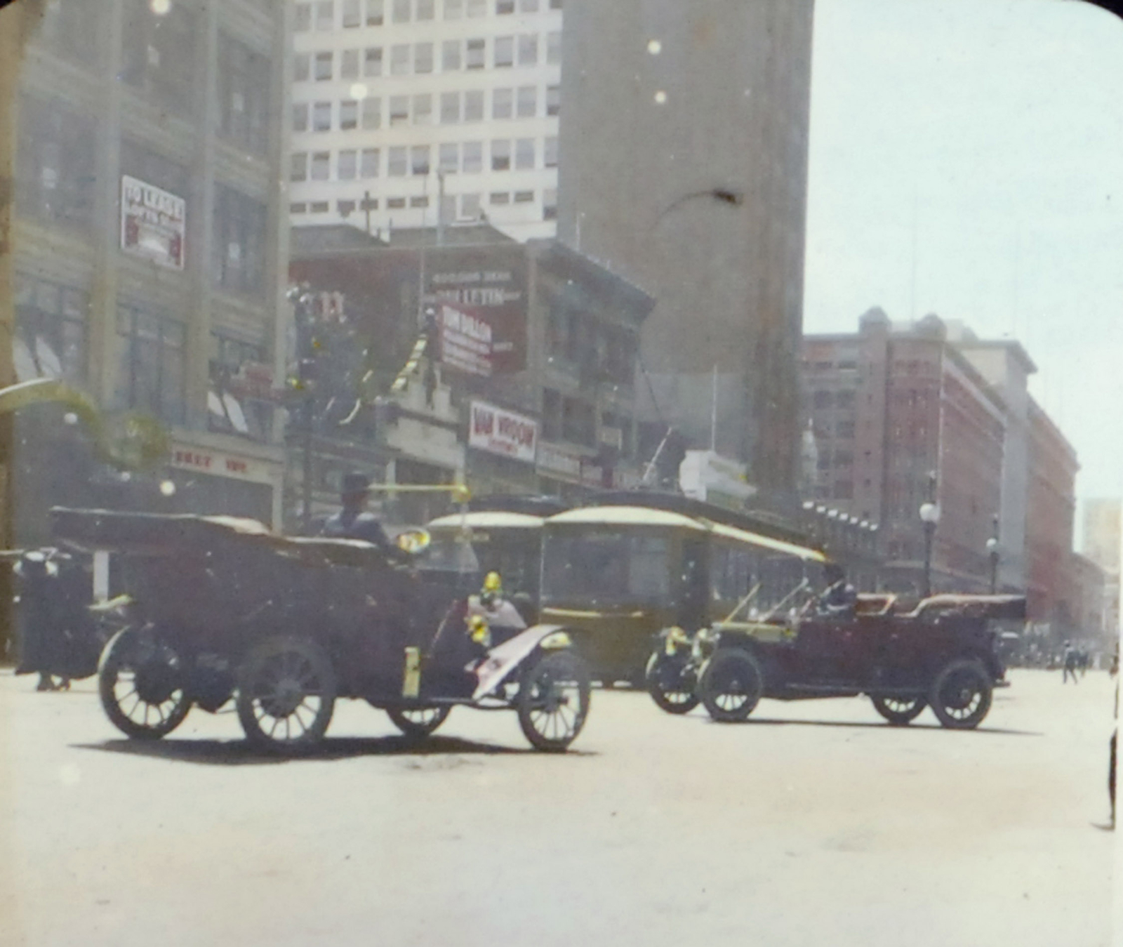 1900S VINTAGE CARS AND TROLLY TRAIN HAND TINTED ANTIQUE PHOTO ON GLASS