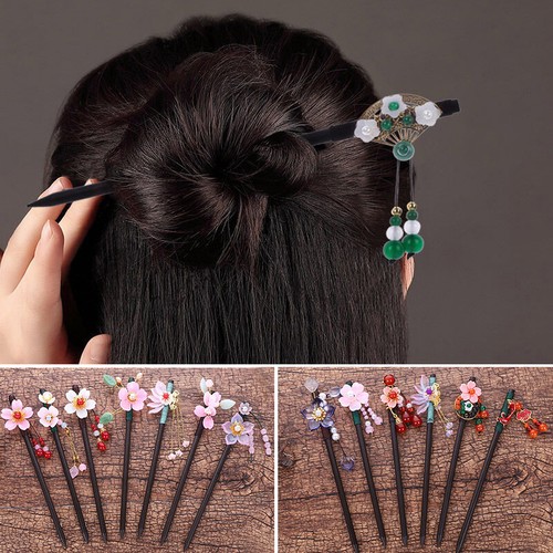 Retro Floral Flower Bead Hair Stick Hairpin Ancient Chinese Japanese Chignon☆ - Picture 5 of 39