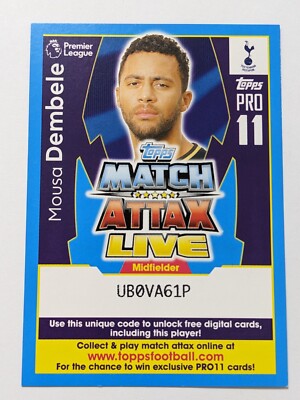 Mousa Dembele Match Attax Live 2017 2018 Pro 11 Code card Tottenham Hotspur