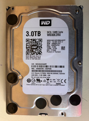 3TB WD30EZRX 3.5'' 5.4K RPM SATA lll Hard Drive, Only 25 Power On Hours
