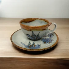 Ken Edwards Tonala Blue Bird Cup & Saucer El Palomar Mexican Pottery Set of 4