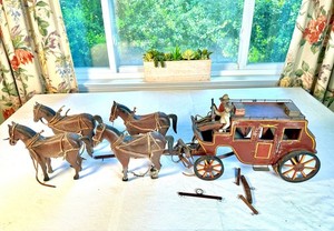 XL Old Handmade Wells Fargo Stagecoach + 4 Horses Western Folk Art for Restor