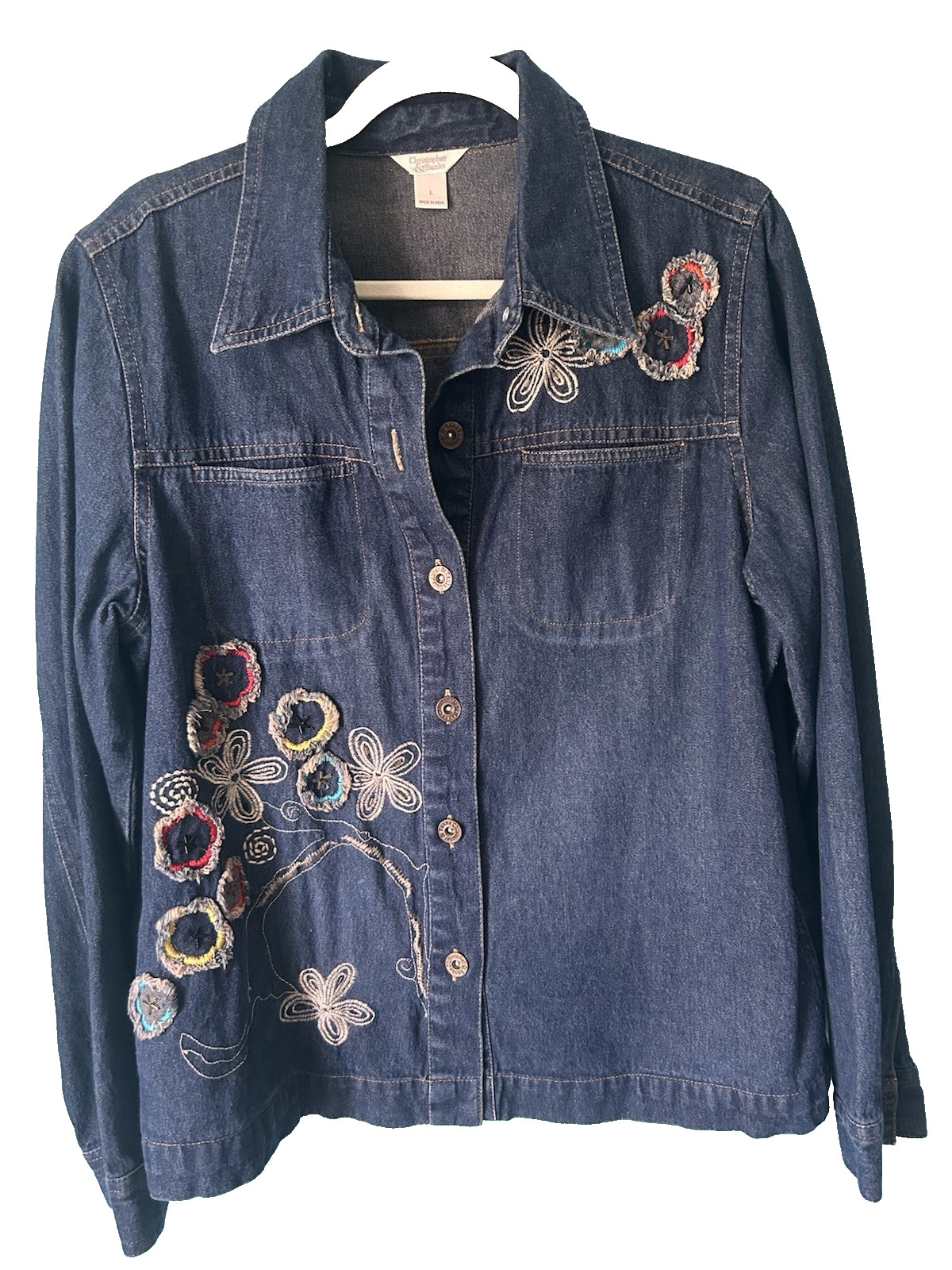 Christopher & Banks Denim Jacket Embellished W/Embroidered Flowers Sz  L