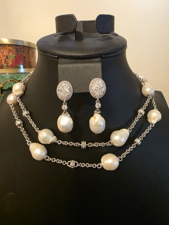 Collar y Pendientes Judith Ripka Blanco Perla Barroca Plata de Ley 36" Foto 3 de 4