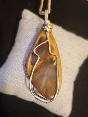 Brown Teardrop Jasper Wire Wrapped Pendant Necklace Silver Leather Cord