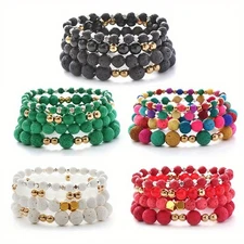 5Sets 10mm Natural Volcano Stone Bracelet Charm Boho Round Beaded Healing Power