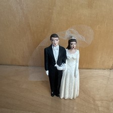 Vintage Tort weselny Marmurowe naczynia Nowość Co. Topper Panna młoda i pan młody Malowany 1948 