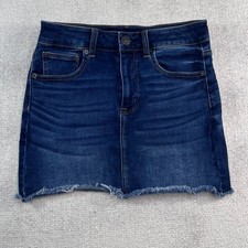 American Eagle Dark Wash Ne x t Level Stretch Denim Mini Skirt Raw Hem Size 6