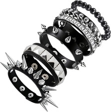 5 Pcs Spiked Bracelets Black Studded Cuff Punk Jewelry, Adjustable Gothic Emo Al