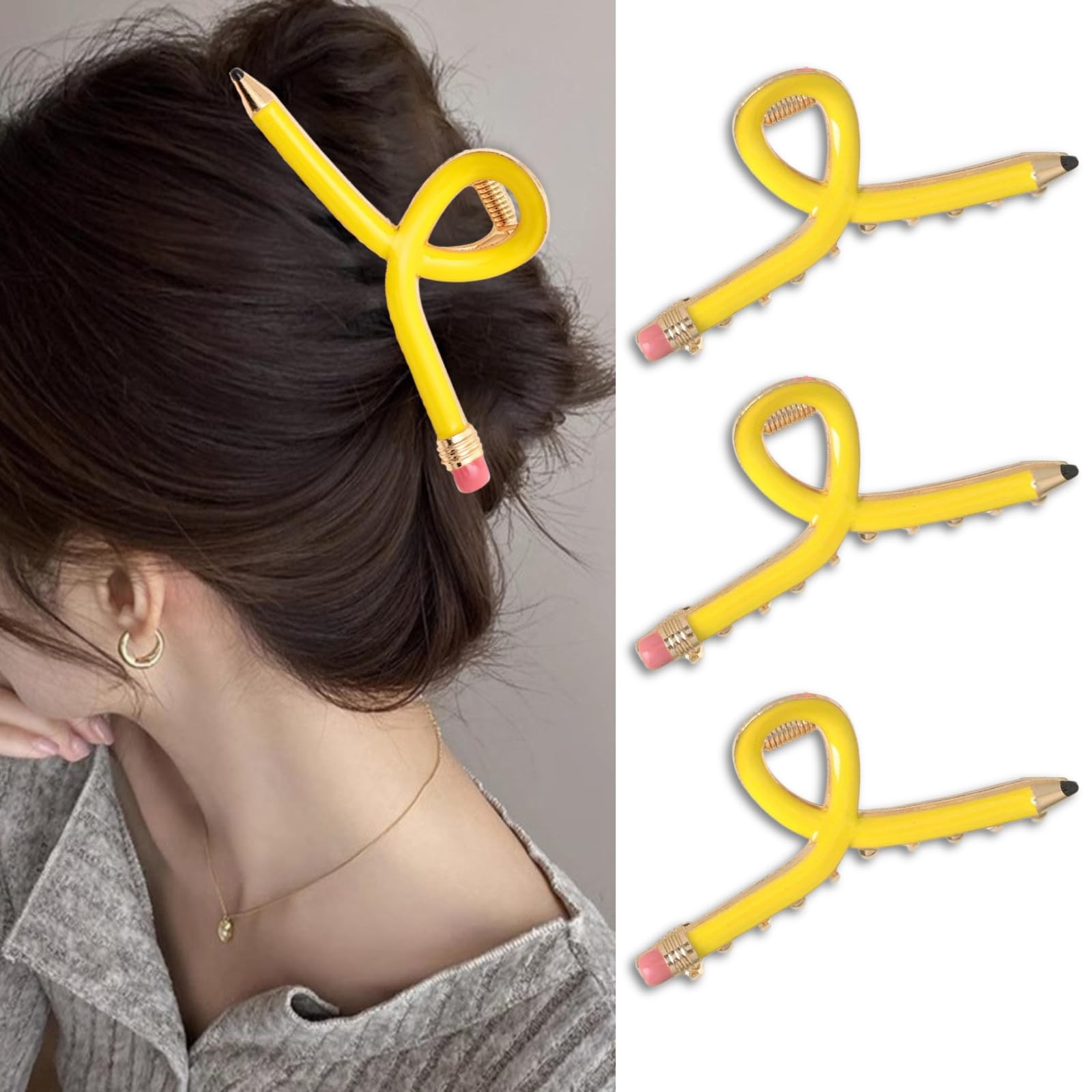 3Pcs Pencil Hair Claw Clips Funny Teacher 1 Count (Pack of 1), Yellow ...