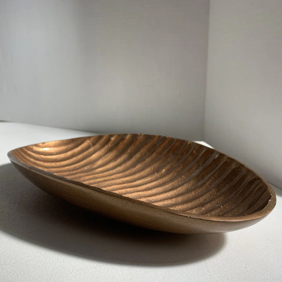 Modern Copper Tone Oval Metal Ribbed Serving Tray Centerpiece Fruit Bowl - Image 2 of 4
