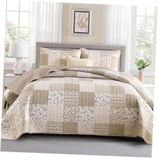 Boho Quilt Set Size, 3 Pieces Plaid Floral Bedspread Set Patchwork Queen Beige