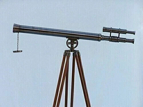 ANTIQUE BRASS TELESCOPE WITH WOOD TRIPOD STAND , NAUTICAL TELESCOPE