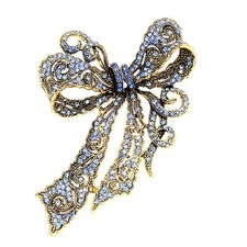 Vintage Rhinestone Bow Brooch for Women, Antique Gold Tone Bowknot Pin with B...
