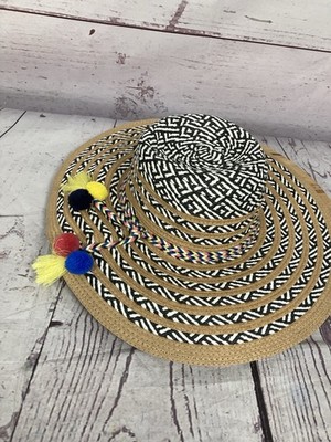 Steve Madden Straw Sun Hat Wide Brim Boho Pom Pom One Size Beach Summer