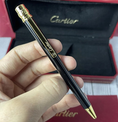 Luxury Santos De Cartier Black Gold Trim Ballpoint Pen - Full Box New Rare
