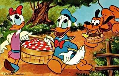Donald Duck & Daisy ~ On A Picnic ~ Pluto With His Basket~ Postcard COPY #77382