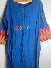 Indian Kurti Tunic Dress Size 42 Blue Embroidered Long Dress with Ikat Sleev