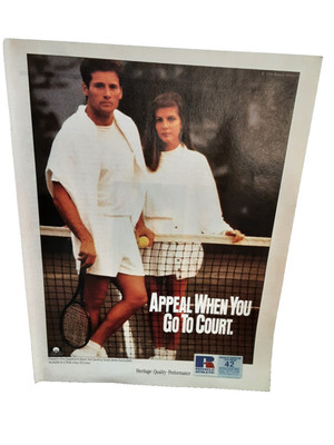 1991 Russell Athletic Tennis Apparel Print Ad Vintage Court Fashion