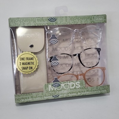 Moods by EyeSquared Reading Glasses +1.50 Magnetic Snap-On Frames + Cloth + Case