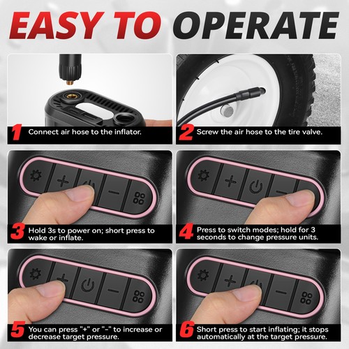 Bomba de Aire Inalámbrica Rosa 150PSI Neumático Coche Motocicletas con Batería de Carga USB de 4000mAh - Imagen 5 de 8