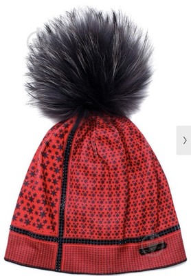 Sportalm Luxury Red Black Pom Pom Beanie Hat w/ Crystals & Fur Pom   Austria