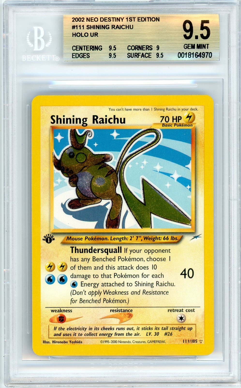Pokemon Shining Raichu #111 Neo Destiny 1st Edition Holo BGS 9.5 Gem Mint
