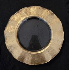 13.5" Round Glass Charger Plate With Wide Gold Encrusted Scalloped Rim