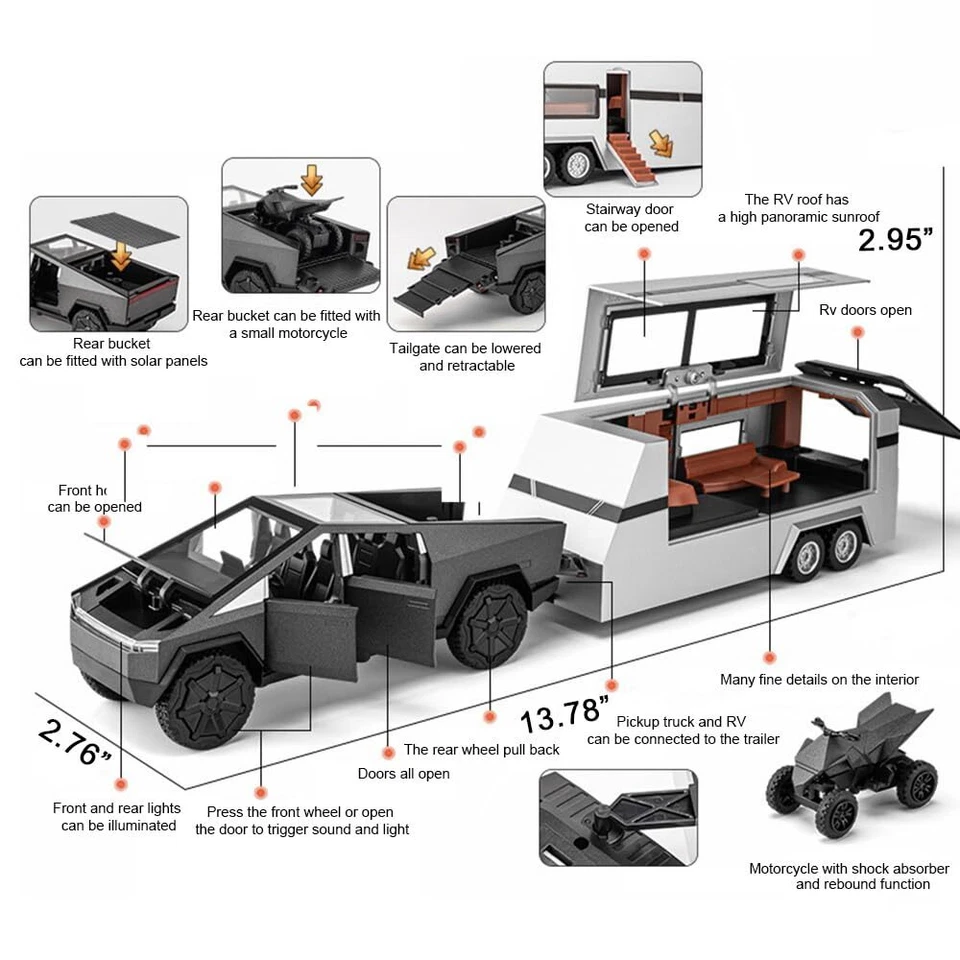 Casa rodante Truck Plus 1:32 modelo cámper vehículo todoterreno aleación coche juguete con luz de sonido EE. UU. Foto 2 de 4