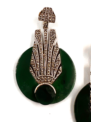 Antique Art Deco Czech Jade Green Marcasite Sterling Silver Earrings Large - Picture 12 of 20