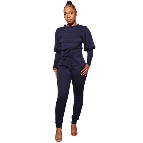 Stylish New Women's Long Puff Sleeves O Neck Solid Bodycon Casual Pants Set 2pcs - Bild 14 von 14