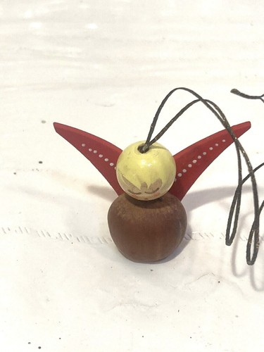 2 Vtg Erzgebirge? Angel w Acorn Body Hand Painted Wooden wings Xmas Ornament - Picture 3 of 7