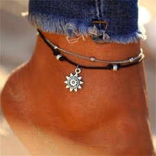 Women Silver Sun Ankle Bracelet Double Layer Anklet Adjustable Chain Beach Beads