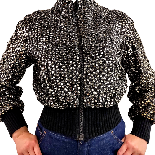 70s High Waist Gold Sequin Satin Jacket Biker Disco Black Heavy Satin Glam Era