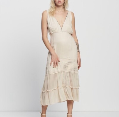 NWT Aura The Label Lauren Midi Dress Plunging V Neck Cream XS Slit Boho  Chic | eBay